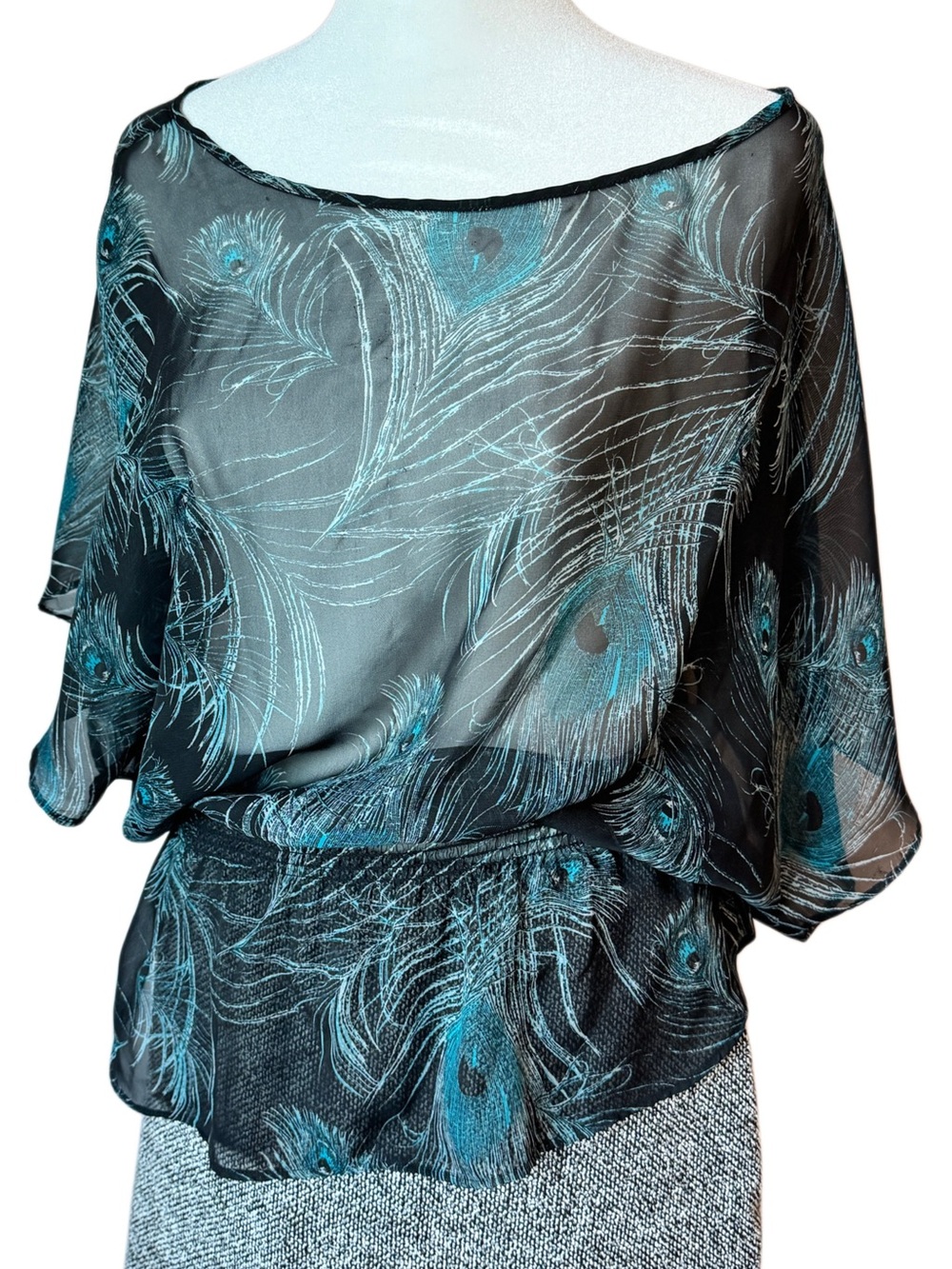 Charlotte Russe Y2K Sheer Peacock Feather Print Layered Top Small